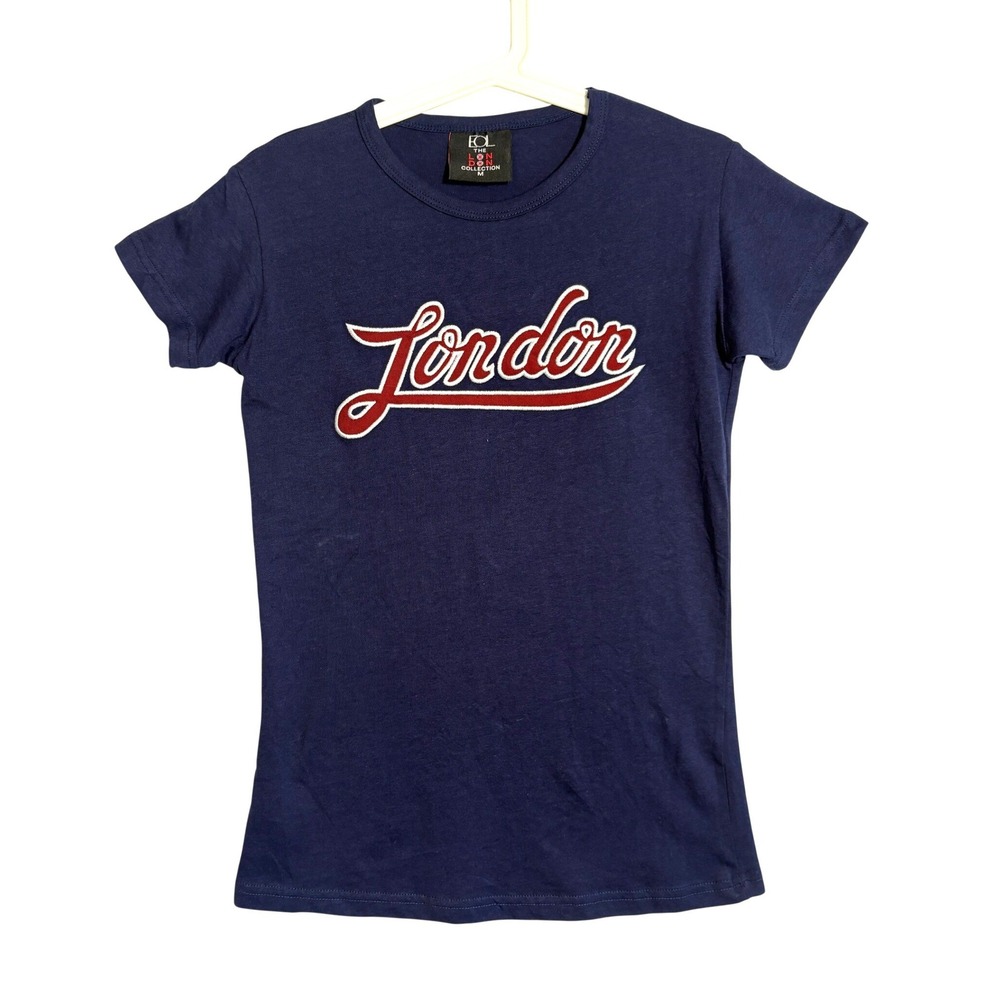 The London Collection Navy Blue Graphic T-Shirt Women Medium Red Varsity Logo